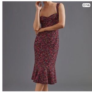 Anthropologie X Hutch Red Sweetheart Neckline Midi Floral Dress size Large NEW
